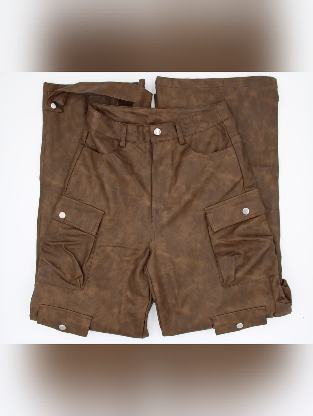 Fashion Nova Brown Faux Leather Cargo Pants Wide Leg Utility Size Small - Picture 3 of 8
